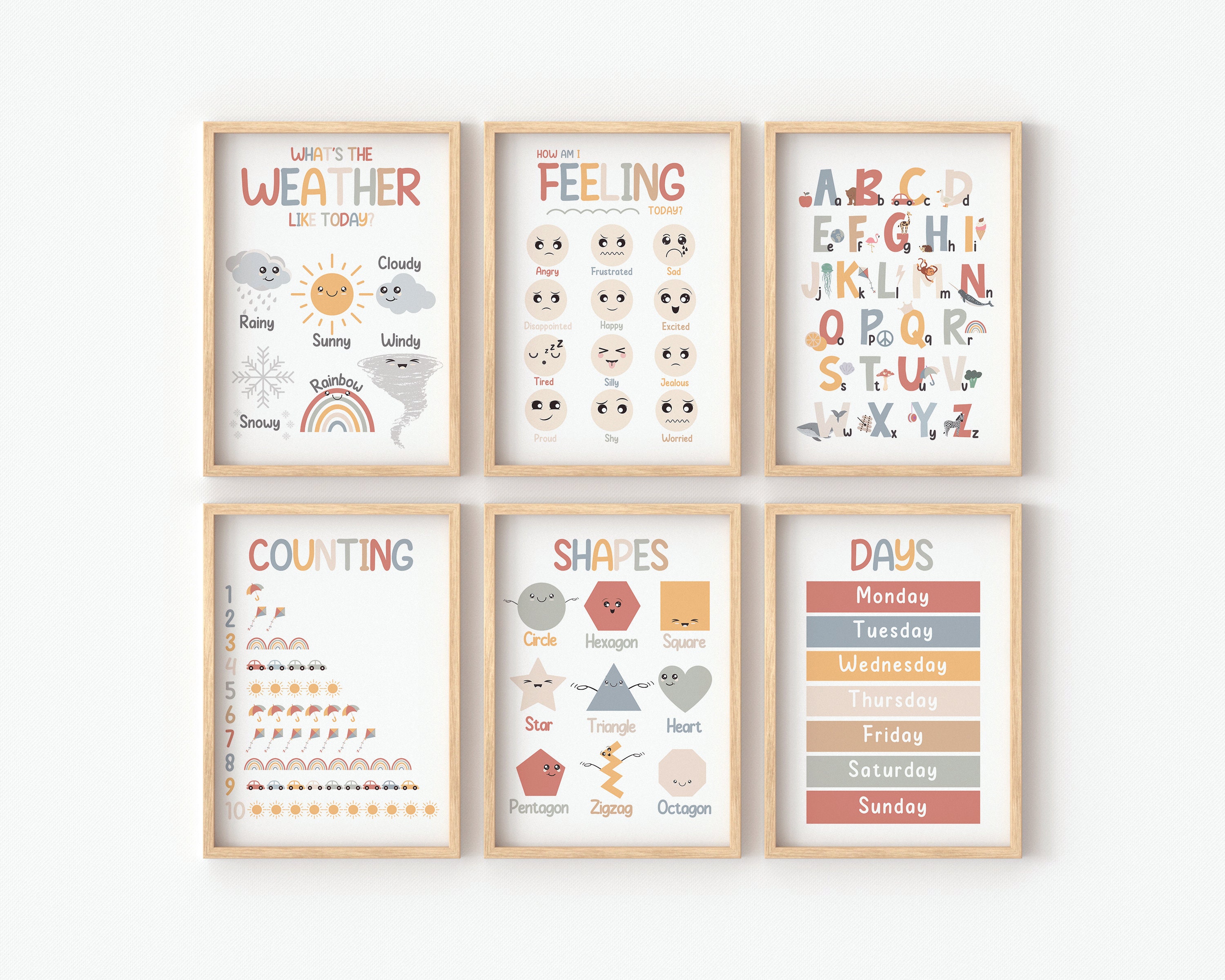Set of 2 3 4 6, Learning, Education Prints for Children's Bedroom Nursery  or Playroom, Feelings, Weather, Shapes, Days, Numbers, Alphabet 