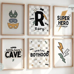 Lot de 3 ou 6 affiches personnalisées de super-héros pour chambre de garçon. Décoration super-héros, affiches de super-héros, art pour enfants, affiches pour salle de jeux, chambre d'enfant.