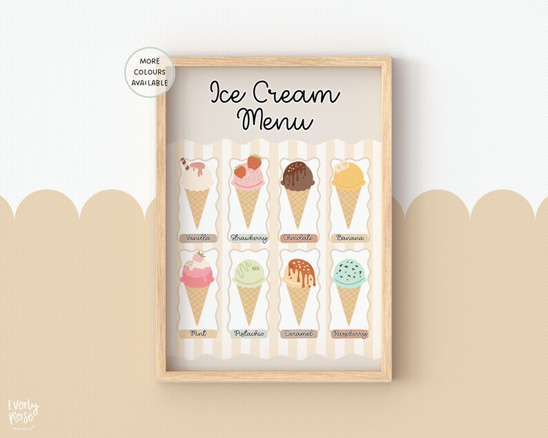 May include: A printable ice cream menu with illustrations of different ice cream flavours in cones. The flavours include vanilla, strawberry, chocolate, banana, mint, pistachio, caramel, and raspberry.