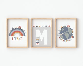 Set Of 3, Personalised, Scandi Car Prints, Children's Bedroom, Nursery, Playroom, Vehicle, Decor, Boys Room, Transport, Colourful, Wall Art