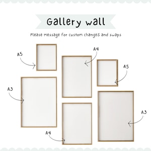 May include: A gallery wall display with five picture frames in various sizes. The frames are all made of wood and have a natural finish. The frames are arranged in a staggered pattern, with the largest frame at the bottom and the smallest frame at the top. The frames are labeled with their sizes: A3, A4, and A5.