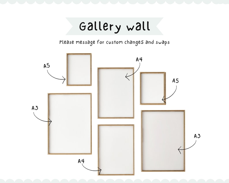 May include: A gallery wall display with five picture frames in various sizes. The frames are all made of wood and have a natural finish. The frames are arranged in a staggered pattern, with the largest frame at the bottom and the smallest frame at the top. The frames are labeled with their sizes: A3, A4, and A5.