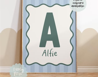 Personalised Initial Print, Stripe Prints, Nursery Posters, Playroom Prints, Childrens Bedroom Posters, Wavy Border, Prints, Gifts For Kids