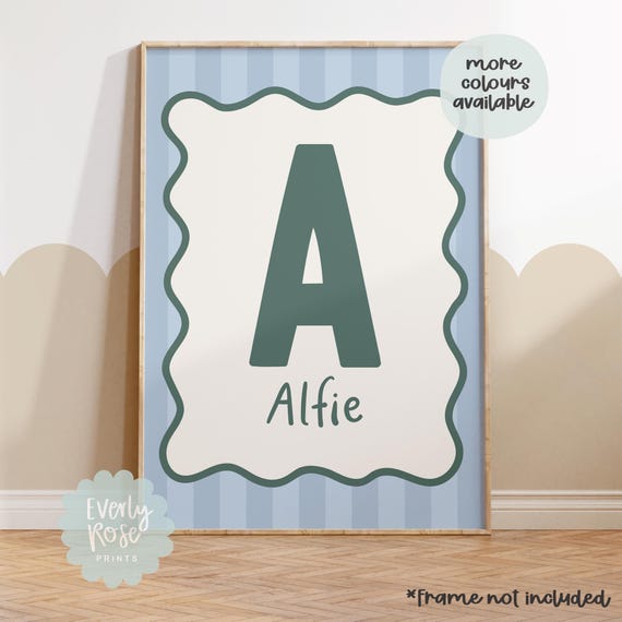 Personalised Initial Print, Stripe Prints, Nursery Posters, Playroom Prints, Childrens Bedroom Posters, Wavy Border, Prints, Gifts For Kids