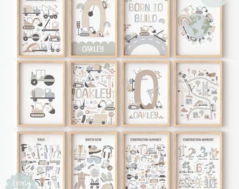 May include: A set of ten printable posters featuring construction vehicles, tools, safety gear, and an alphabet and numbers chart. The posters are in a neutral color palette of beige, brown, and gray with black outlines. The posters are perfect for a child's room or playroom.