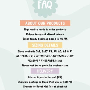 May include: A light blue and peach graphic with the text "FAQ" at the top. Below, the text reads "About Our Products," "Sizing Details," and "Delivery." The image lists sizes in inches and centimeters, including A5, A4, A3, A2, and A1.