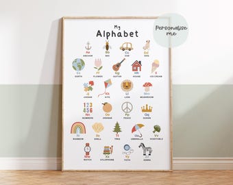 Personalised, Learning, Education Prints For Children’s Bedroom Nursery Or Playroom, Alphabet, Scandi Style, Kids Decor, Scandi Alphabet