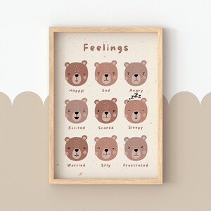 May include: A brown framed poster with the word "Feelings" at the top. The poster features nine brown bear faces with different expressions, each labeled with a feeling: Happy, Sad, Angry, Excited, Scared, Sleepy, Worried, Silly, and Frustrated.