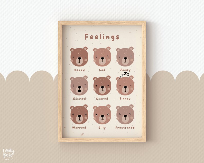 May include: A brown framed poster with the word "Feelings" at the top. The poster features nine brown bear faces with different expressions, each labeled with a feeling: Happy, Sad, Angry, Excited, Scared, Sleepy, Worried, Silly, and Frustrated.