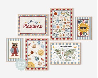 May include: A collection of framed children's art prints. The prints feature various themes, including an alphabet chart, planets, a world map, and a bear wearing sunglasses. The prints have a red, blue, and cream color scheme, with the words "Long Live Playtime" and "Bright Kid".