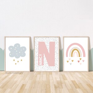 Set of 3 rainbow cloud personalised prints, prints for girls nursery, rainbow prints, cloud prints, pink nursery prints