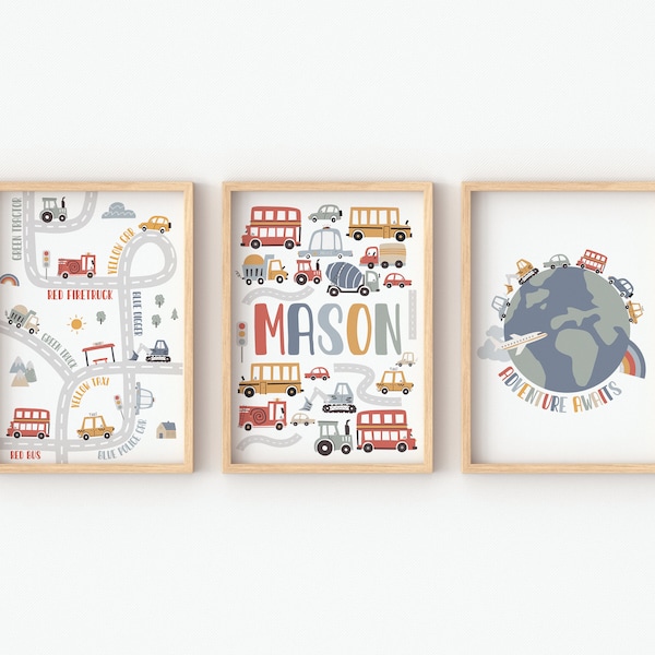 Juego de 3 láminas personalizadas de coches escandinavos para dormitorio infantil, guardería, sala de juegos, vehículo, decoración, habitación de niño, transporte, colorido, arte mural.