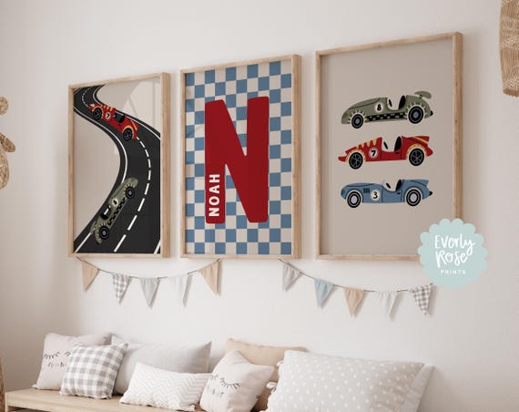 Set Of 3, Personalised, Race Car Prints, Vehicle Prints, Racing Car, Boys Bedroom Prints, Route 66, Toddler Boy Wall Art, Playroom Prints