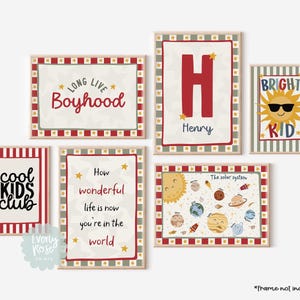 Set Of 6, Gallery Wall, Personalised, Toddler Boys Prints, Boyhood Wall Art, Cool Kids Club, Bright Kid Poster, Solar System Nursery Decor Green/red