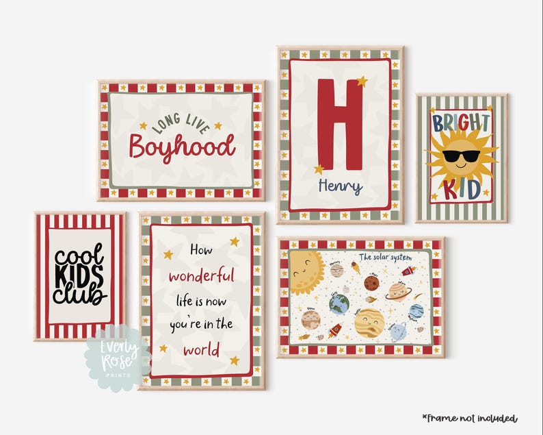 Set Of 6, Gallery Wall, Personalised, Toddler Boys Prints, Boyhood Wall Art, Cool Kids Club, Bright Kid Poster, Solar System Nursery Decor Green/red