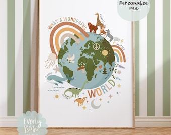 Earth Print, Childrens Inspirational Print, Educational Prints, Our World, Nursery Playroom Decor, Animals, Dinosaur, Nature, Love Our Earth