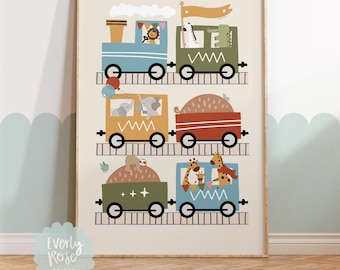 Personalised, Childrens Safari Animal, Train Print, Kids Gifts, Animal Art, Playroom Prints, Safari Nursery, Neutral Wall Art, Quirky Animal