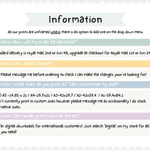 May include: A text-based FAQ page with information about print sizes, delivery options, and international orders. The text includes questions like "How will my order be delivered?" and "Can I order prints outside the UK?"
