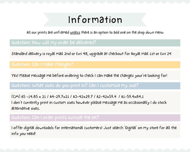 May include: A text-based FAQ page with information about print sizes, delivery options, and international orders. The text includes questions like "How will my order be delivered?" and "Can I order prints outside the UK?"