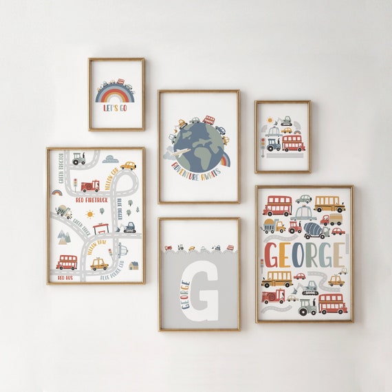 Set of 6, Gallery Wall, Personalised, Transport Posters, Vehicles Print, Boy Bedroom Decor, Playroom Prints, Scandi Kids Art, Scandi Cars