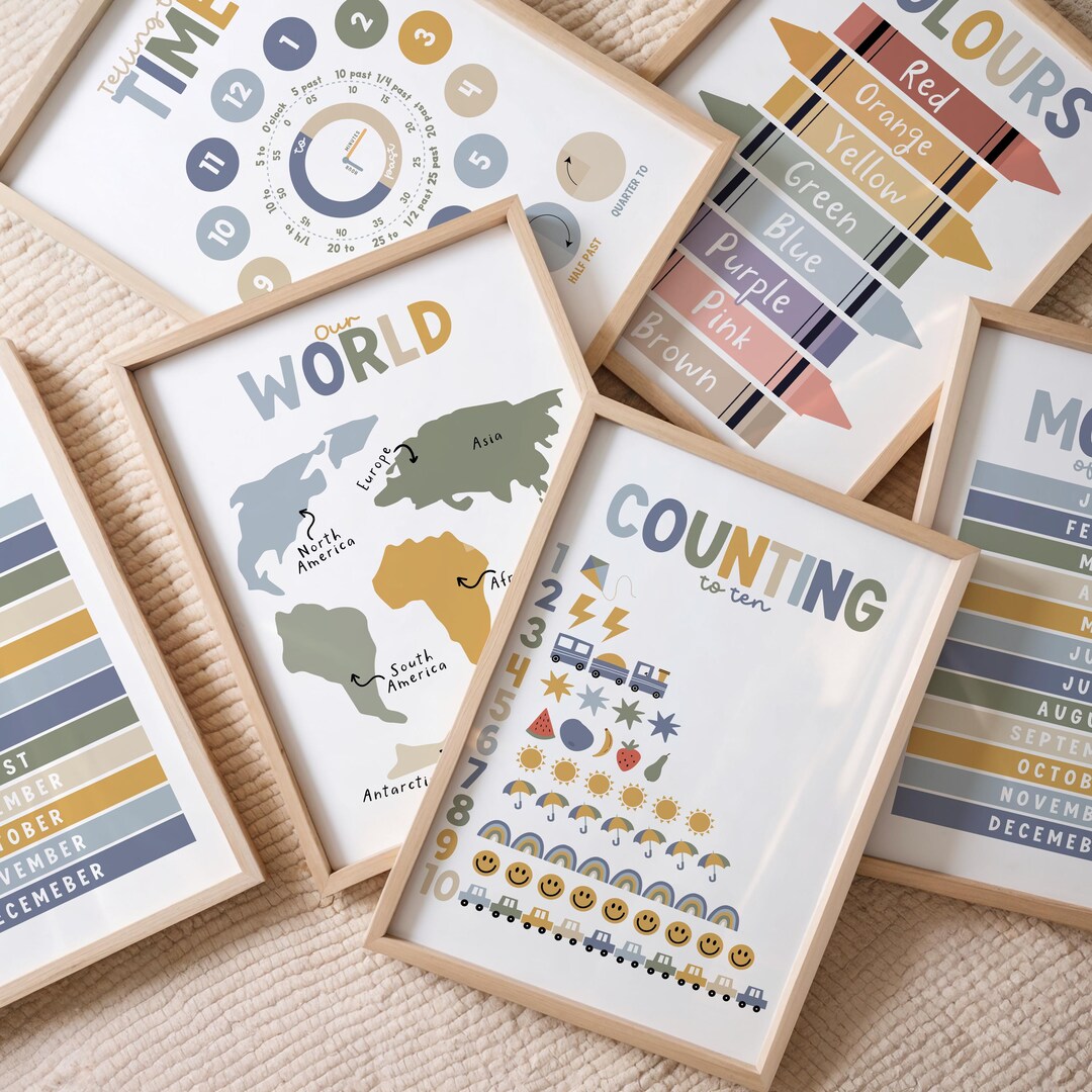 Set of 2 3 4 6, Learning, Education Prints, Children's Bedroom Nursery ...