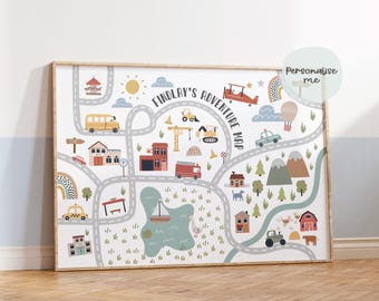 Personalised, Little Town Map, Adventure Map, Personalised Childrens Maps, Construction, Vehicles, Scandi, Nursery Prints, Kids Wall Art