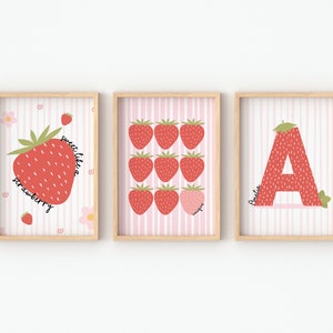 Set Of 3, Personalised, Children Bedroom, Nursery , Playroom, Strawberry Print, Strawberries, Girls Bedroom, Nursery Decor, Strawberry Decor