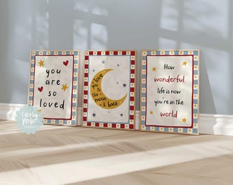 Set Of 3 Kids Quote Prints, You Are Loved Poster, Love You To The Moon, Wonderful Life Quote, Toddler Boys Wall Art, Nursery Playroom Decor