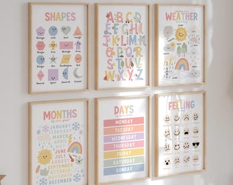 Set Of 2 3 4 6, Learning, Education Prints, Children's Bedroom Nursery, Playroom Prints, Feelings, Weather, Shapes, Days, Numbers, Alphabet