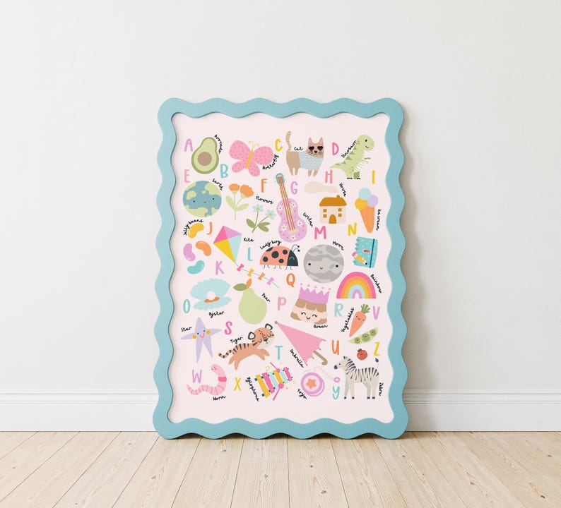 May include: A colorful alphabet chart with illustrations of various objects and animals for each letter. The chart is framed in a light blue frame with a wavy edge.