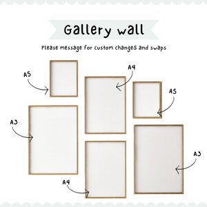 May include: A gallery wall display with five picture frames in various sizes. The frames are all made of wood and have a natural finish. The frames are arranged in a staggered pattern, with the largest frame at the bottom and the smallest frame at the top. The frames are labeled with their sizes: A3, A4, and A5.