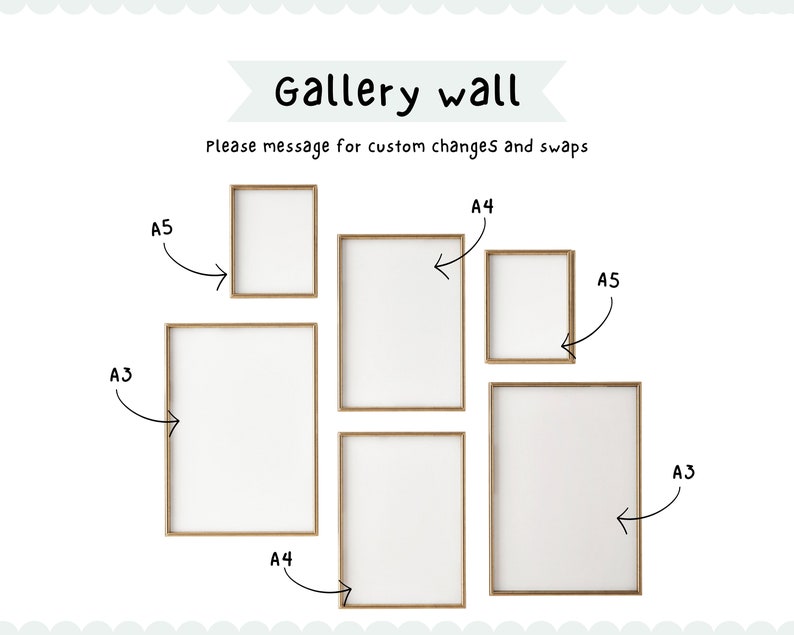 May include: A gallery wall display with five picture frames in various sizes. The frames are all made of wood and have a natural finish. The frames are arranged in a staggered pattern, with the largest frame at the bottom and the smallest frame at the top. The frames are labeled with their sizes: A3, A4, and A5.