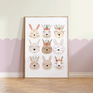 Scandi style, bunny print, kids decor, woodland decor, floral bunny print, nursery prints, neutral decor, girls room, wall art, animal deocr