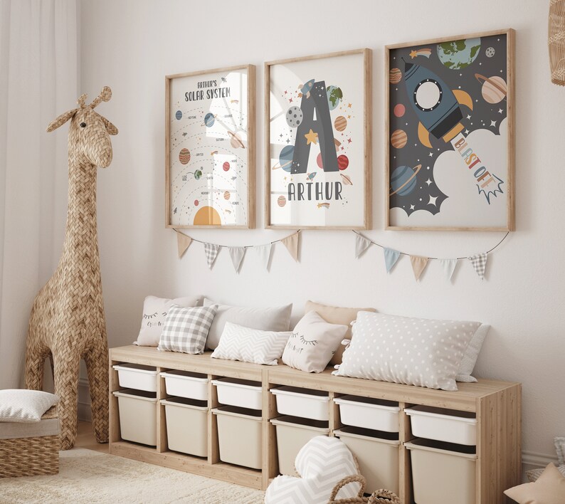 Pu&ograve; includere: Una panca portaoggetti in legno chiaro con sei contenitori di stoccaggio bianchi. La panca &egrave; decorata con tre stampe incorniciate che raffigurano un razzo, una lettera A con i pianeti e un grafico del sistema solare. Le stampe sono tutte sul tema dello spazio e hanno una cornice in legno chiaro. La panca &egrave; decorata con una ghirlanda di bandierine blu chiaro, grigio e bianco.
