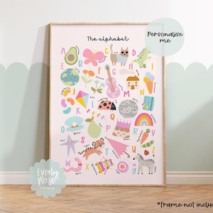 May include: A colorful alphabet chart with illustrations for each letter. The chart features a pink background with a variety of images, including a butterfly, a cat, a guitar, a ladybug, a pear, a tiger, a zebra, and a rainbow. The text "The alphabet" is at the top of the chart.