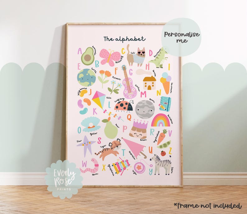 May include: A colorful alphabet chart with illustrations for each letter. The chart features a pink background with a variety of images, including a butterfly, a cat, a guitar, a ladybug, a pear, a tiger, a zebra, and a rainbow. The text "The alphabet" is at the top of the chart.