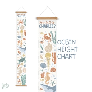 Personalisiert, Messlatte für Kinder, Wachstumsmesslatte, Ozean-Kinderzimmer, Kinderdekor, Leben im Meer, Ocean Decor, Scandi Ocean Sealife-Thema, unter Meer