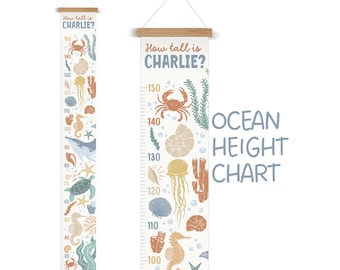 Personalised, Children's Height Chart, Growth Chart, Ocean Nursery, Kids Decor, Sea Life, Ocean Decor, Scandi Ocean SeaLife Theme, Under Sea