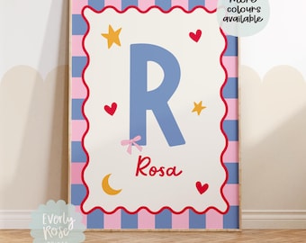 Personalised Girl Initial Print, Retro Checkerboard Name Art, Kids Nursery Decor
