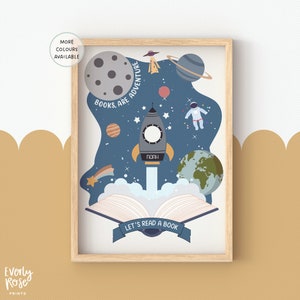 Outer Space, Solar system, Let’s Read, Personalised Print, Reading Corner, Planets, Imagination, Reading Prints, Playroom, Nursery