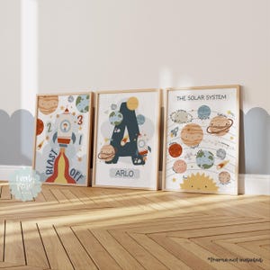 Juego de 3 láminas espaciales personalizadas, láminas de astronautas, decoración del sistema solar, láminas con nombre personalizado, decoración escandinava para habitación infantil, láminas para sala de juegos