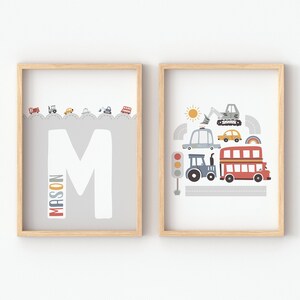 Set Of 2,  Personalised, Scandi Car Prints, Childrens Bedroom, Nursery, Playroom, Vehicle,  Decor, Boys Room, Transport, Colourful, Wall Art