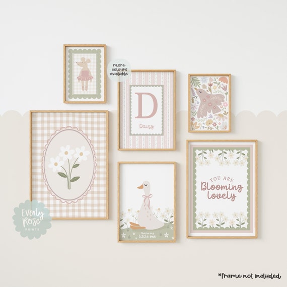 Set Of 6, Gallery Wall, Girls Nursery Prints, Vintage Style, Girls Bedroom, Gingham Prints, Personalised Prints, Boho, Wildflowers Prints
