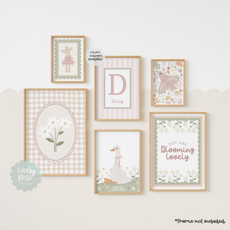 May include: Set of six printable nursery art prints featuring a pink and green color scheme. The prints feature illustrations of a mouse, a goose, flowers, and a letter D with the name Daisy. The prints are perfect for a baby girl's nursery.