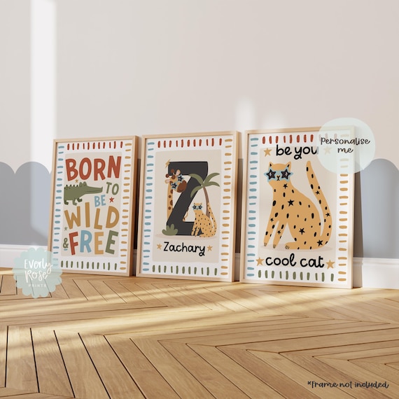 Set Of 3, Safari Nursery Prints, Unique Animal Prints, Children's Posters, Boys Bedroom, Playroom Posters, Born To Be Wild, Personalised