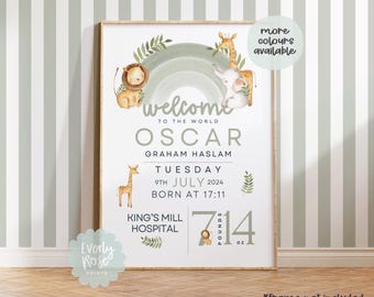 Birth Print, Birth Details, Safari Animal Print, Birth Poster, New Baby ...