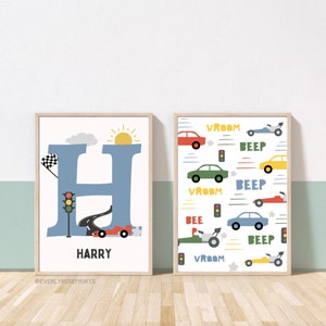 Set of 1, 2, PERSONALISED Car Prints, Nursery Prints, Children's Prints, Vehicle Prints, Boys Room, Car Theme, Kids Decor, Colourful Decor