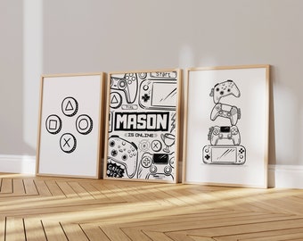 Set of 3, Personalised, Gaming Prints, Gamer Decor, Boys Bedroom Prints, Kids Teen And Tween Prints, Boyhood, Game Controller, Monochrome