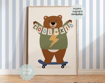 Bear Print, Skater Bear Nursery Art Print, Boys Bedroom, Kids Decor, Cute Animal Illustration, Kids Bedroom Decor, Skateboard, Safari Decor