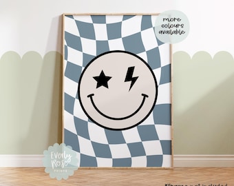 Checkerboard Retro Style Prints, Smile Face Prints, Cool Kids Club, Boys Bedroom Prints, Colour Options, Teen Prints, Boys Decor
